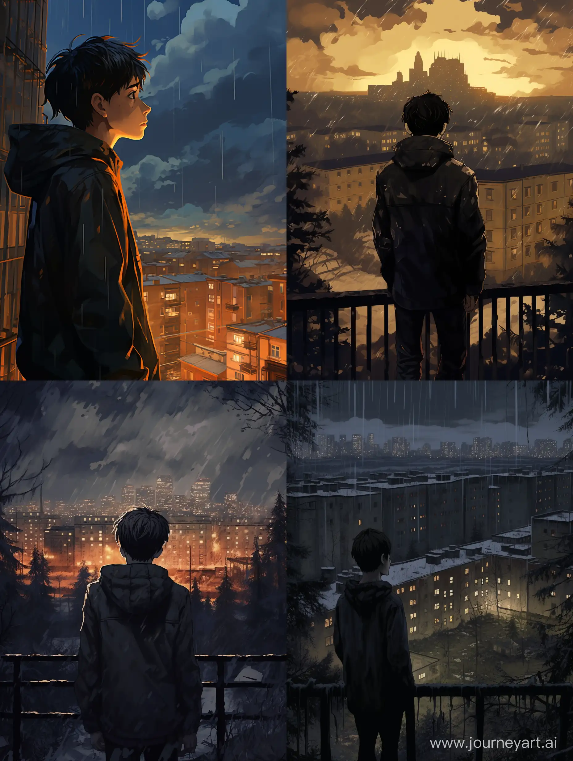 the boy 12 years old, anime style, on the left and right are Russian high-rises houses like in the Soviet Union, standing back, anime, dark grey skies, poverty, high-detailed, it's raining and snowing, sad atmosphere, night.