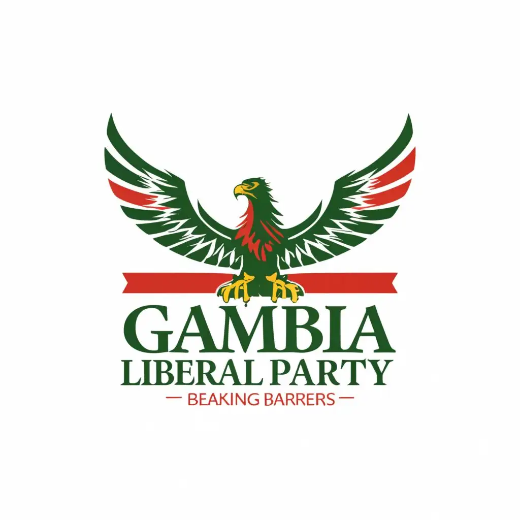a logo design,with the text 'GAMBIA LIBERAL PARTY
Breaking Barriers', main symbol:eagle red and green,complex,clear background