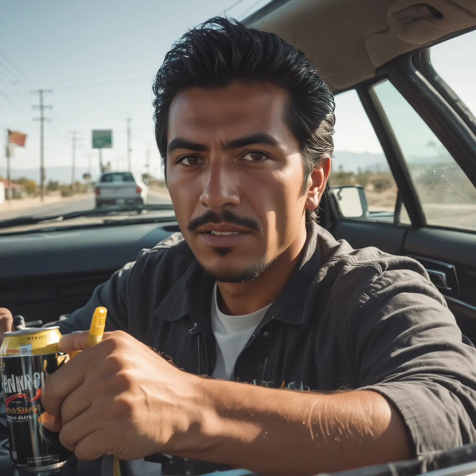 imagina una toma abierta frontal de un hombre mexicano conduciendo un auto y bebiendo una bebida energética.