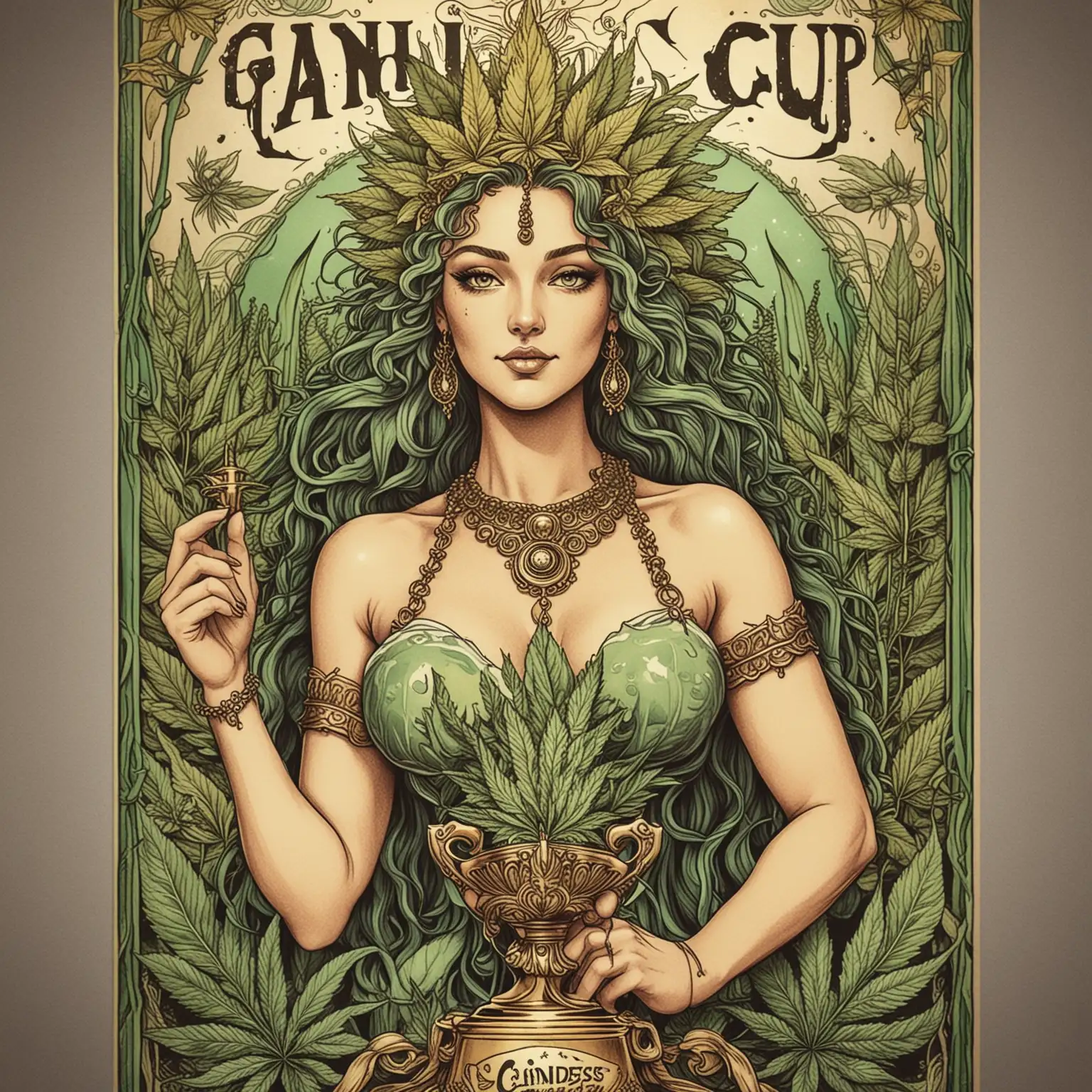 hand drawn cannabis cup poster with a trophy and goddess