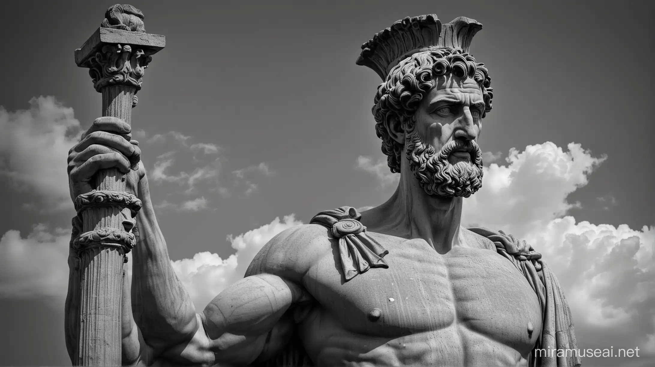 "A dark landscape image of an ancient greek society deeply connected to stoicism, black and white, ancient greek architecture, include one single big statue of a stereotypical strong greek man, marcus aurelius --ar 16:9"
