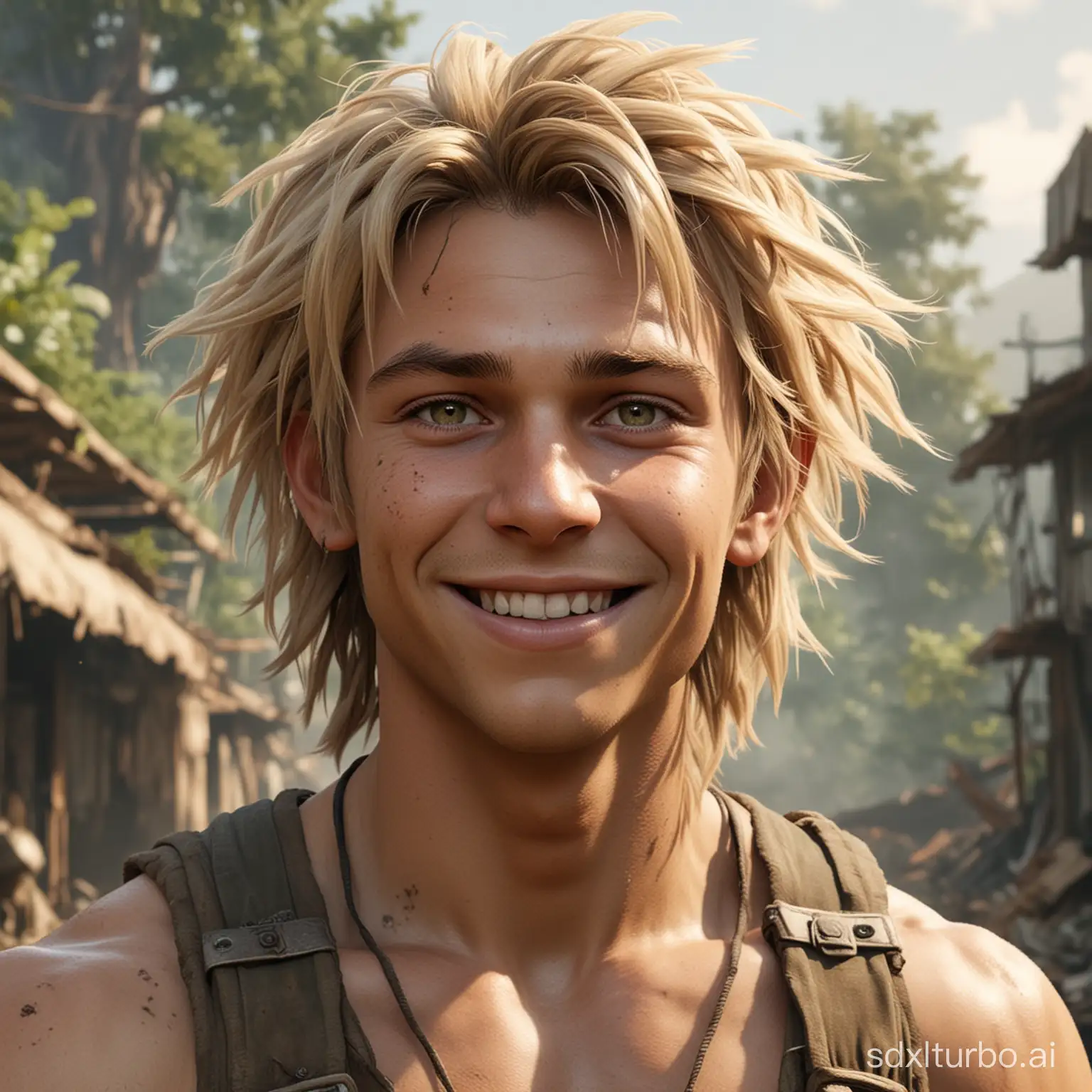 video game character, happy proud Tarzan-like boy living in the post-apocalypse with unkempt blonde hair
