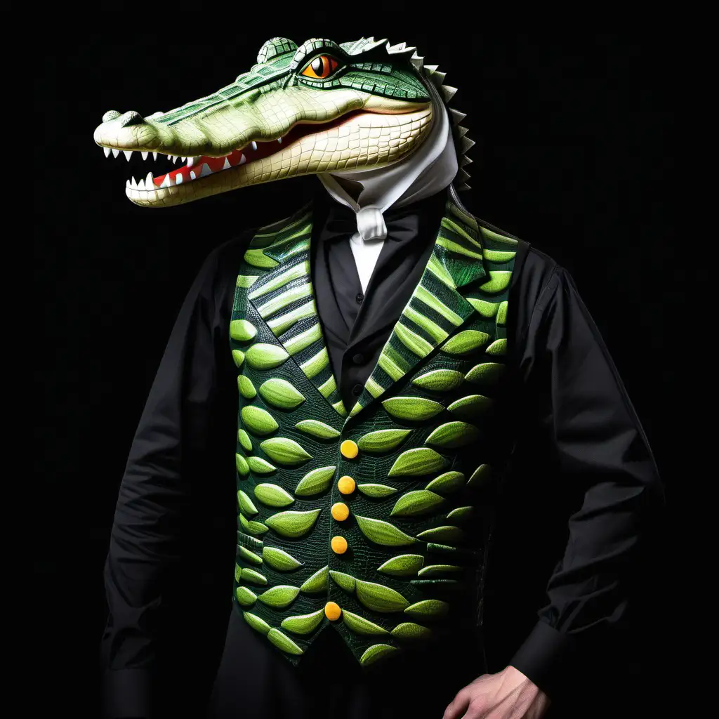 theater male costume, based on henri rousseau paintings, crocodile, elegant, black background, vest


