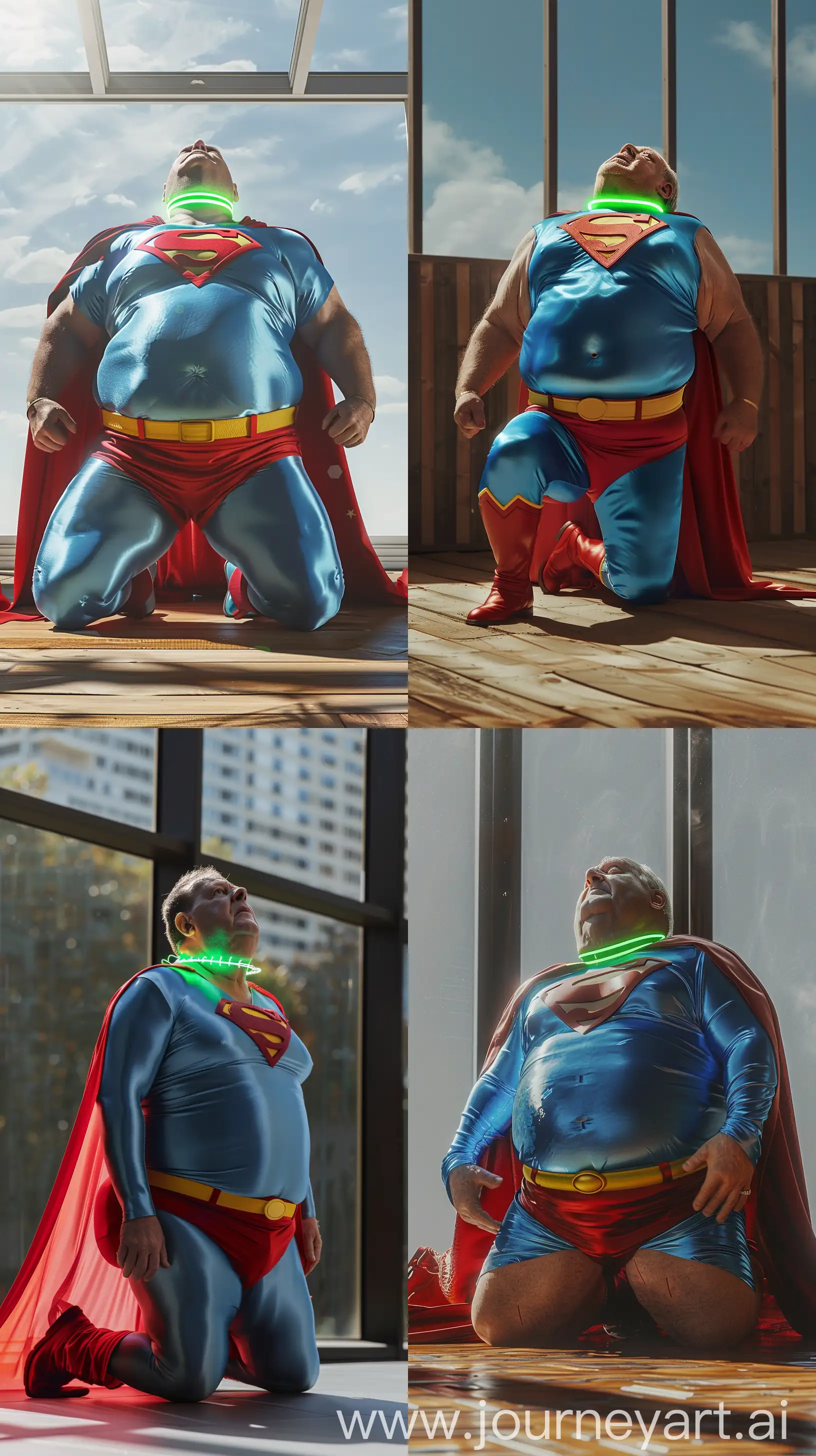 Full body photo of a fat man aged 60 wearing a tight silk blue complete superman uniform with a red cape and tight green glowing neon dog collar on the neck. Red trunks, yellow belt, red boots. Falling on his knees on the floor looking at the sky. Outside. Natural light --style raw --ar 9:16