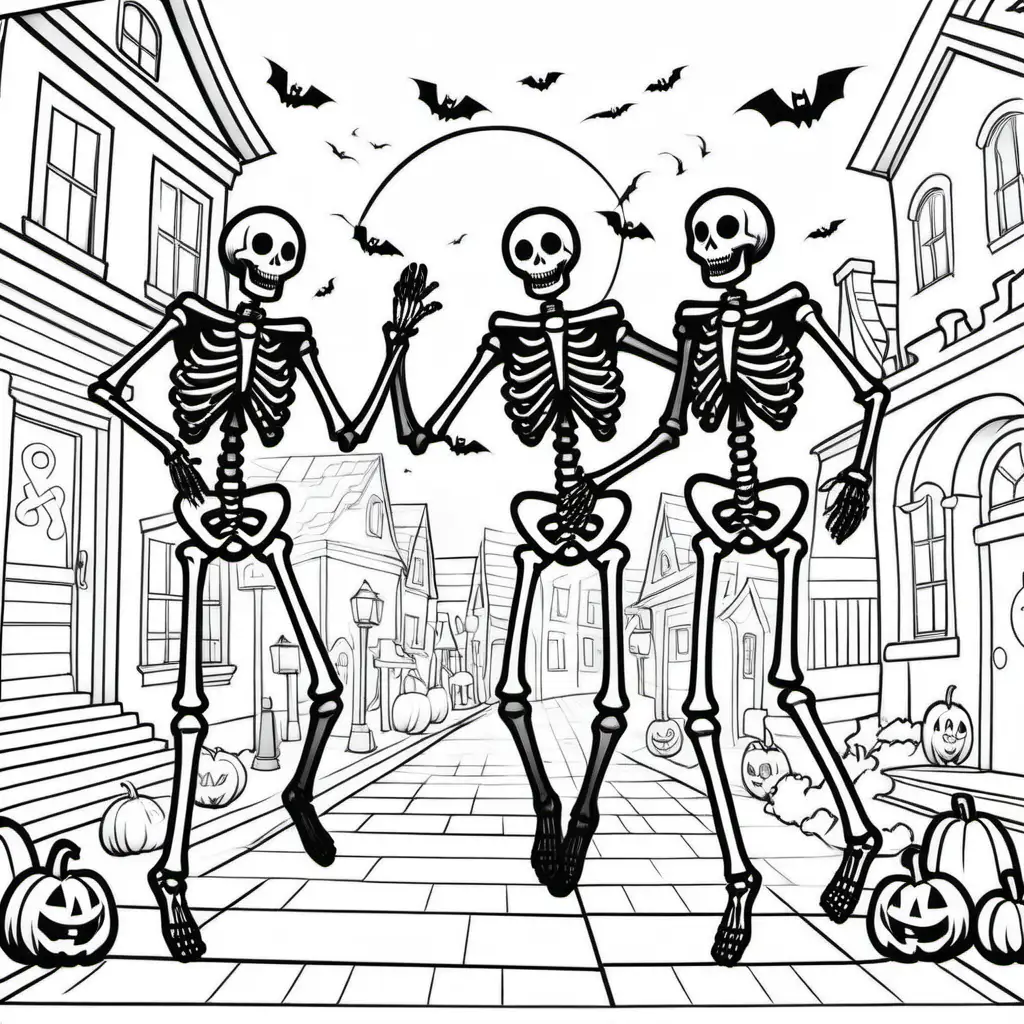 simple black and white coloring book illustration of dancing halloween skeletons in town