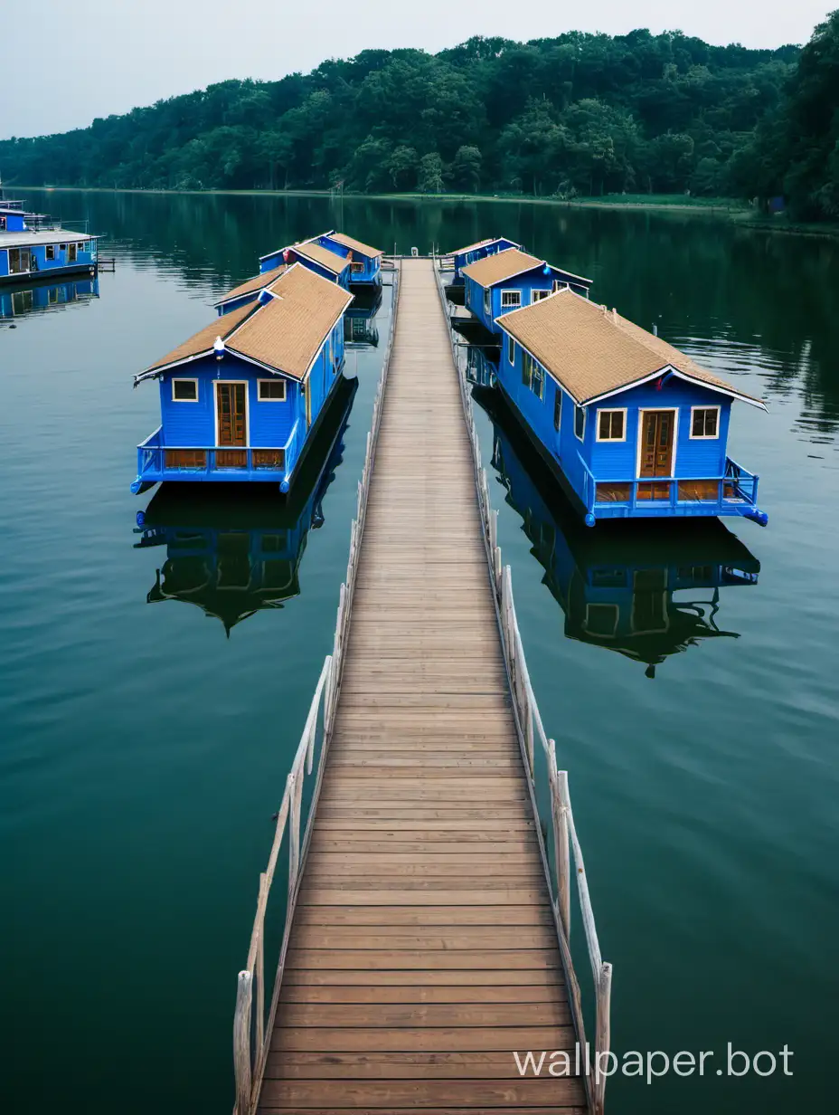 Tranquil-Blue-Houseboats-Floating-Along-Wooden-Boardwalk