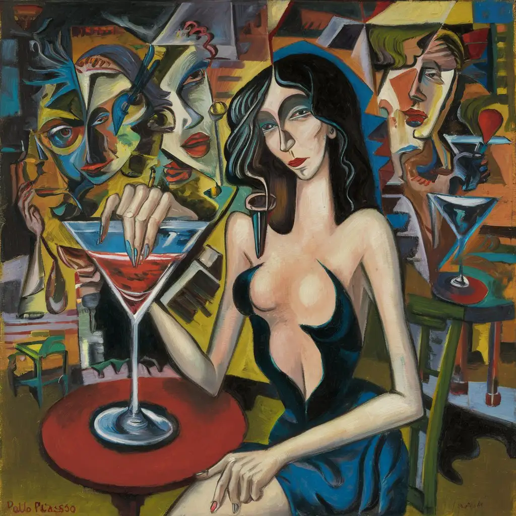 Oil painting of a distorted lady in a martini by Pablo Picasso