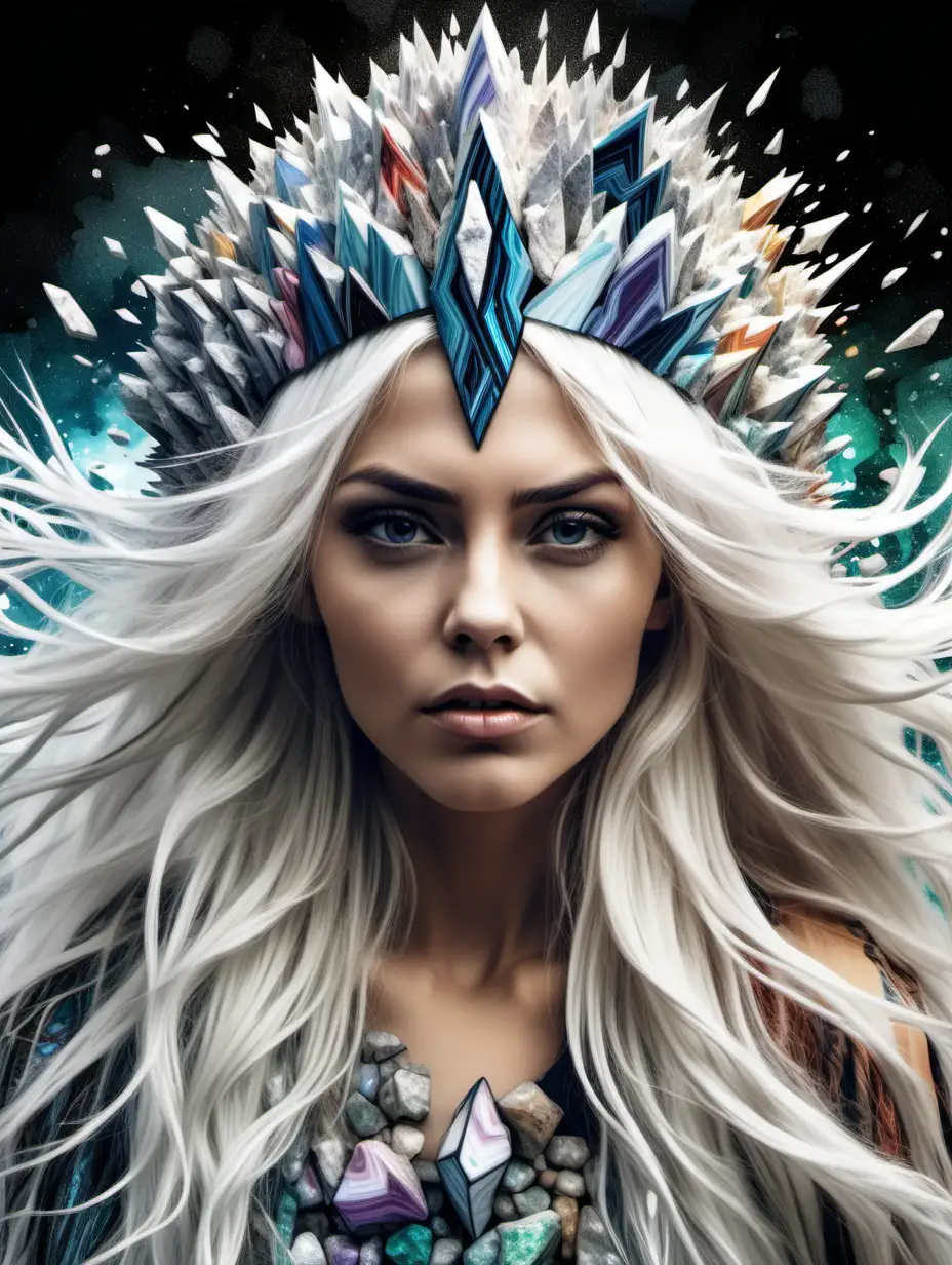 Beautiful Nordic woman, very attractive face, long messy white hair, wearing a headdress covered with hundreds of intricately layered long geode shards of varying colors from the front of her head to the back of her head, digitally painted in the style of a comic book cover art