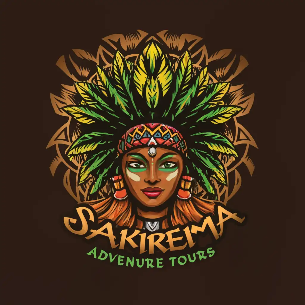 a logo design, with the text 'SAKIREMA ADVENTURE TOURS', main symbol: face of sexy brown-skinned latina features jungle goddess, wearing feather headdress, with green eyes and tribal face paint, Moderate, to be used in Travel industry, clear background