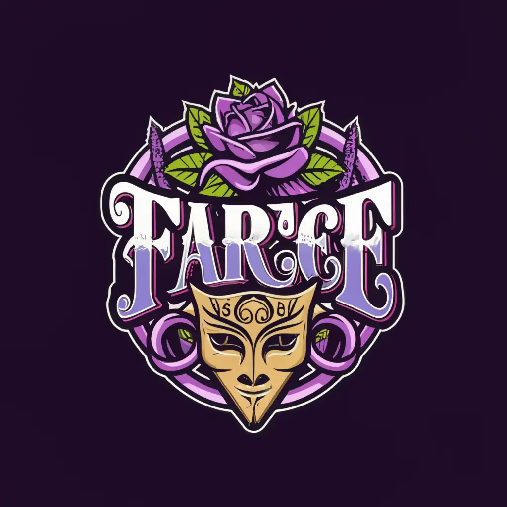 a logo design,with the text "Farce", main symbol:Roses, anonymous masks, purple,complex,clear background