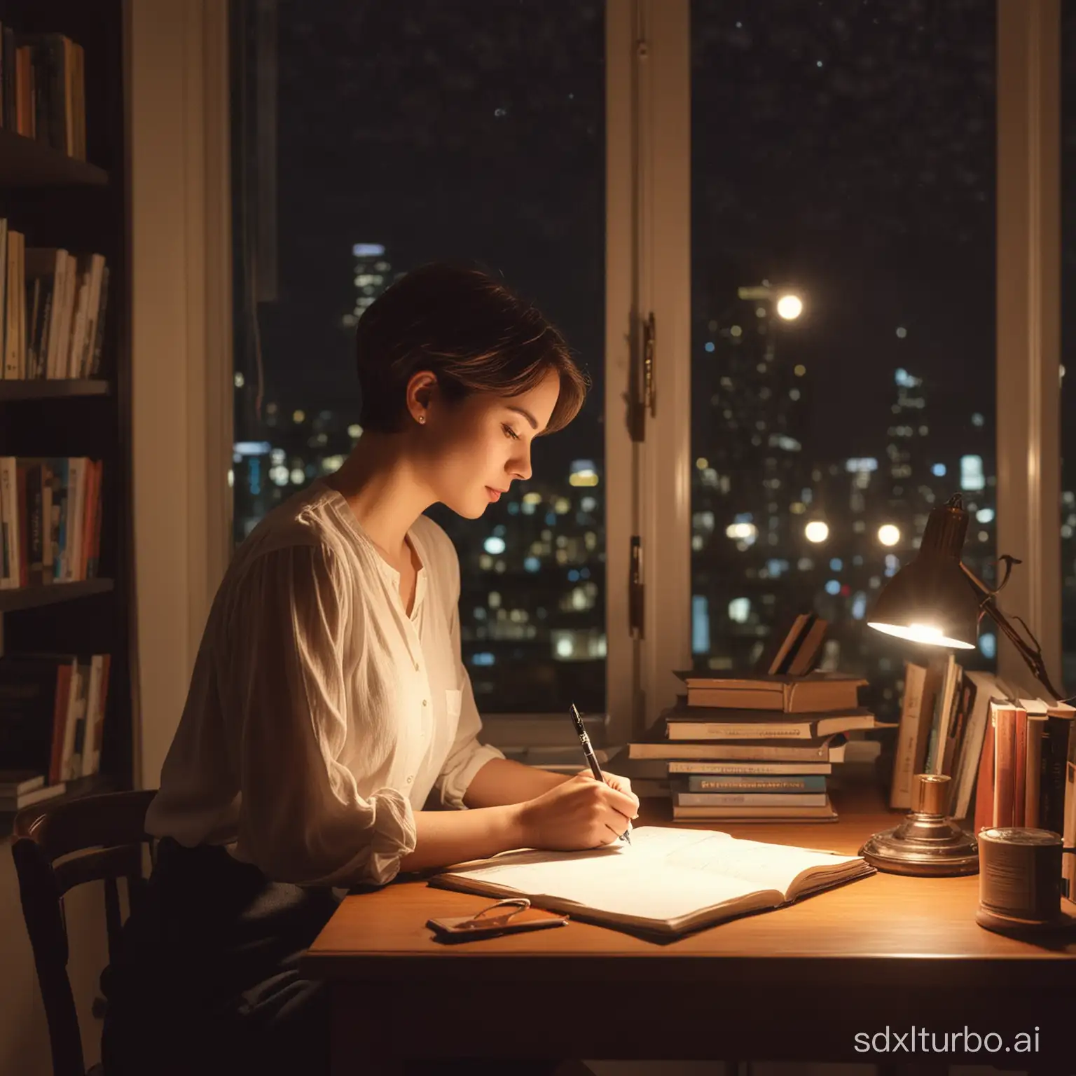 the woman who with short hair is writing something beside the window in the night，there are  a lamp  on desk，and some books on corner of desk