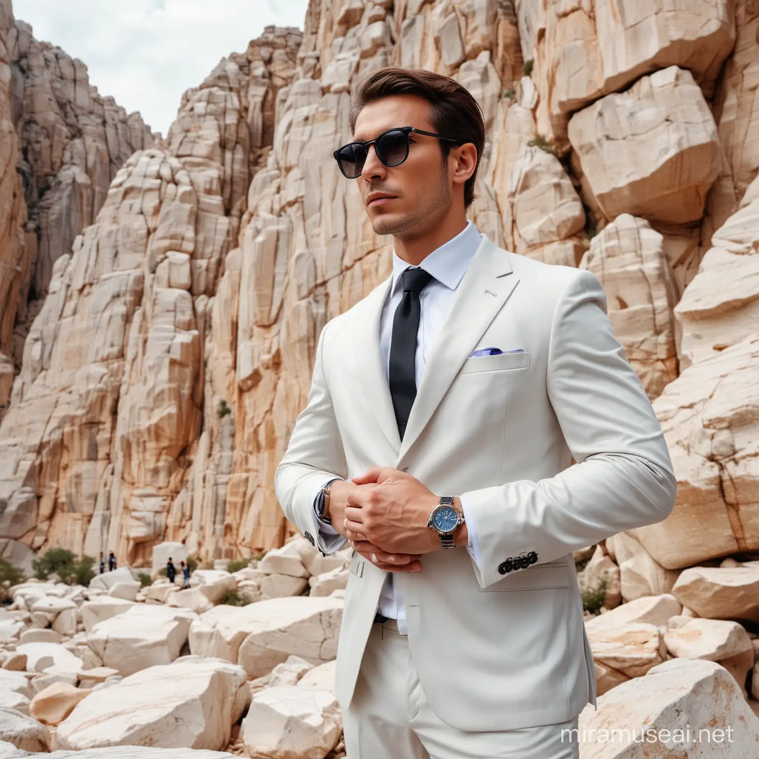 Personal Marble Advisor in a suit and one expensive watch, wearing tinted glasses and standing on a on the background of marble rocks