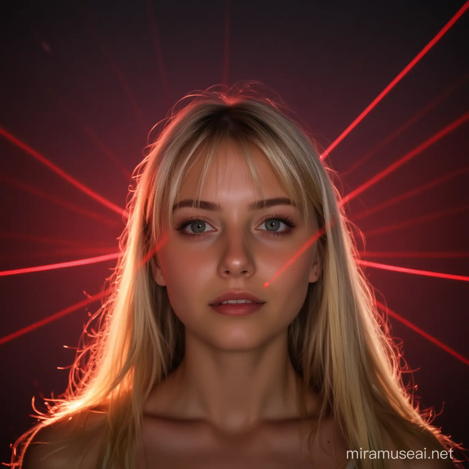 A blonde girl's under red laser lights viewed from 3 meters ahead in the dark.