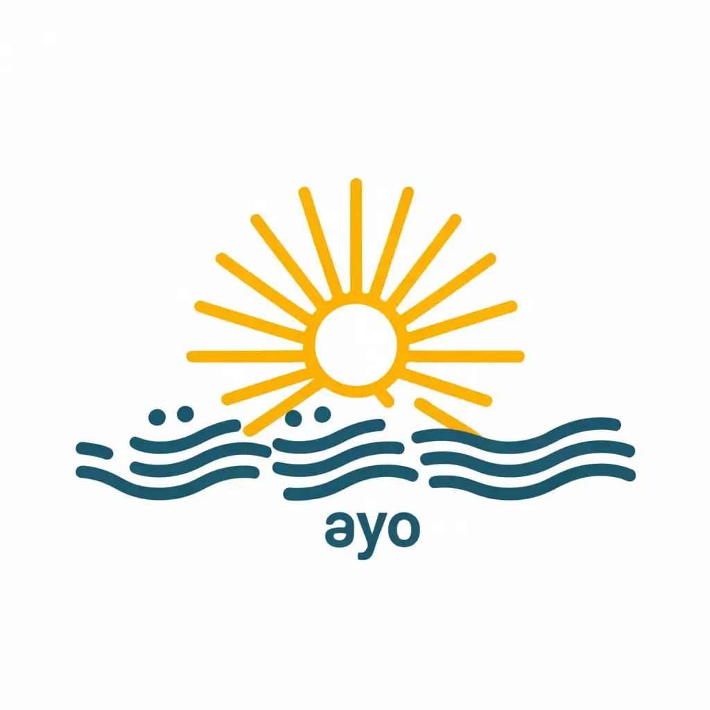 a logo design,with the text "Ayo!", main symbol:sun, wave, surfboard,Minimalistic,clear background