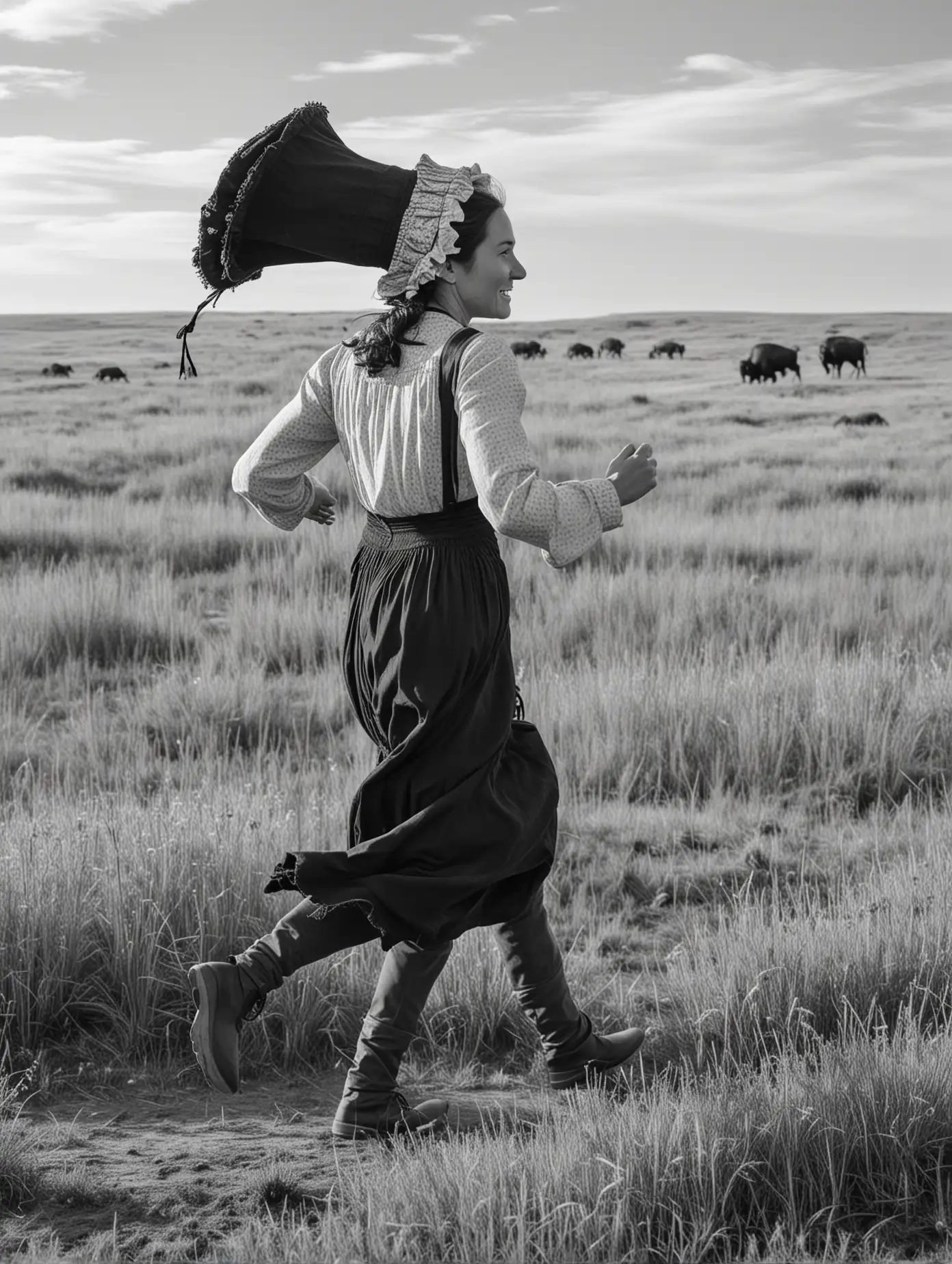 Pioneer Woman Running on the Prairie with Buffalo in the Background