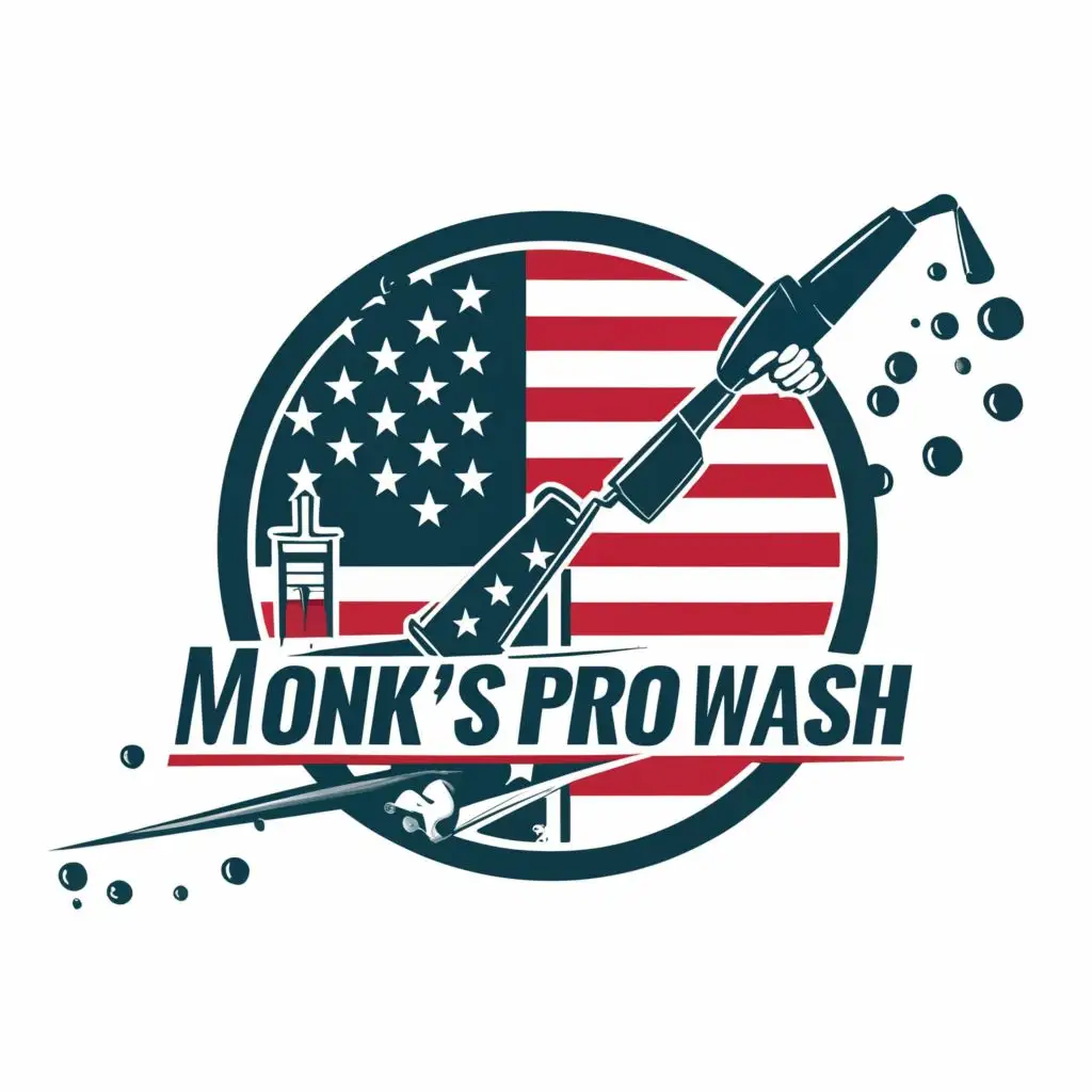 a logo design,with the text "Monk’s Pro-Wash", main symbol:American flag, pressure washing gun, bubbles, roof,Moderate,clear background