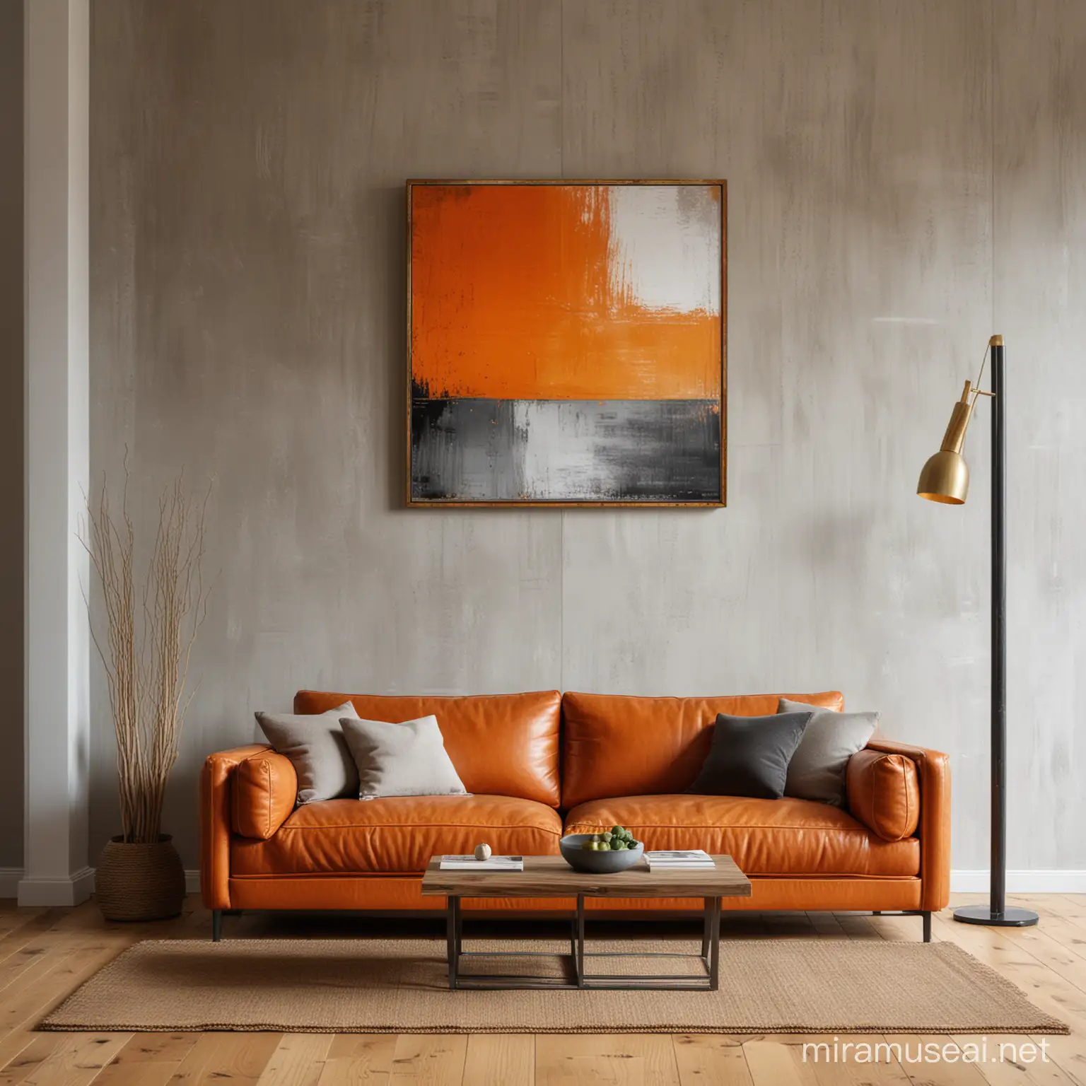 A living room with wooden floor and wooden posts in orange and gray, behind the golden leather sofa hangs a square picture, vivid, detailed, light and shadow