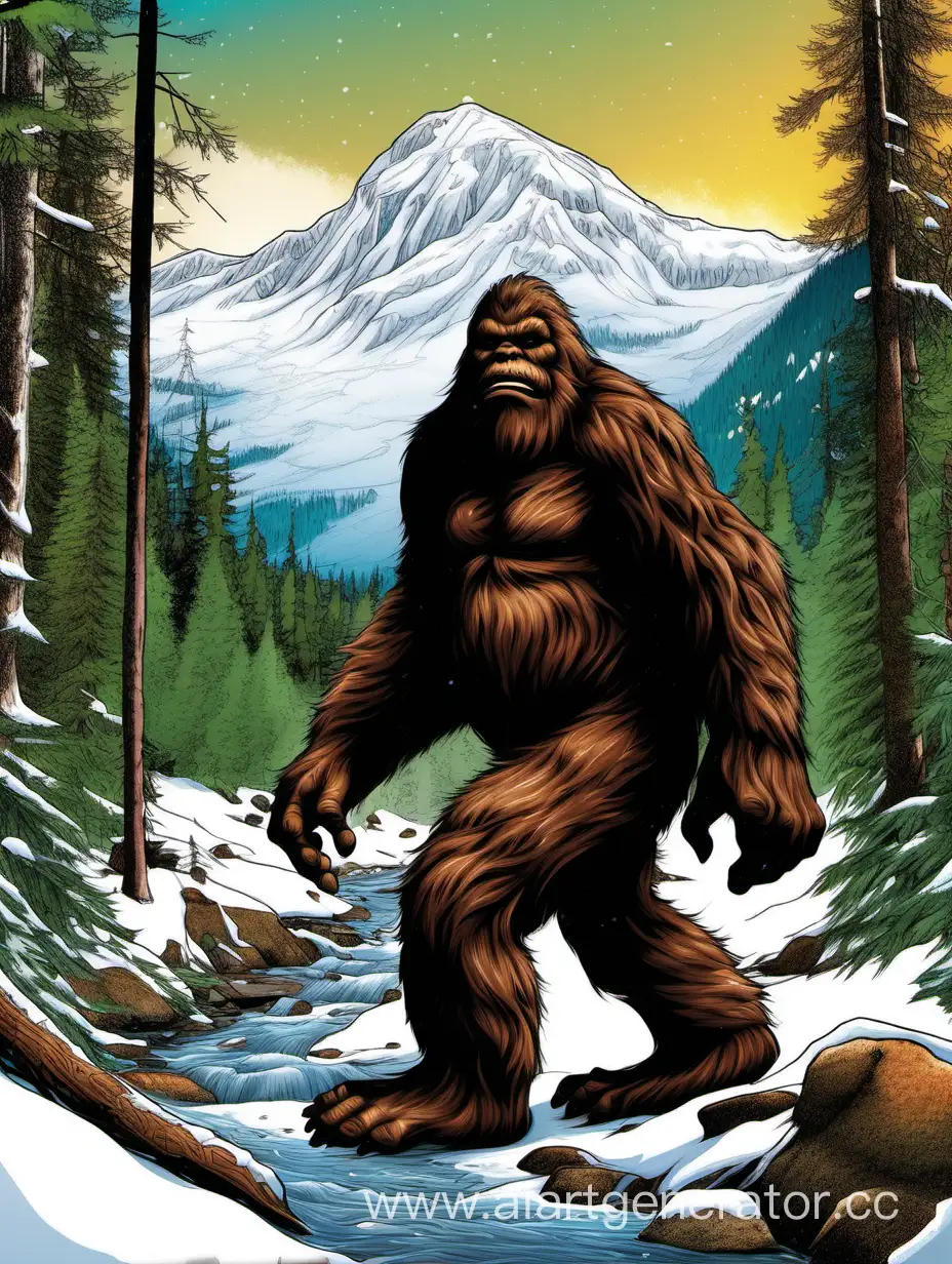 giant furry brown bigfoot, crossing creek in forest,  snow capped mountains in background, color photo