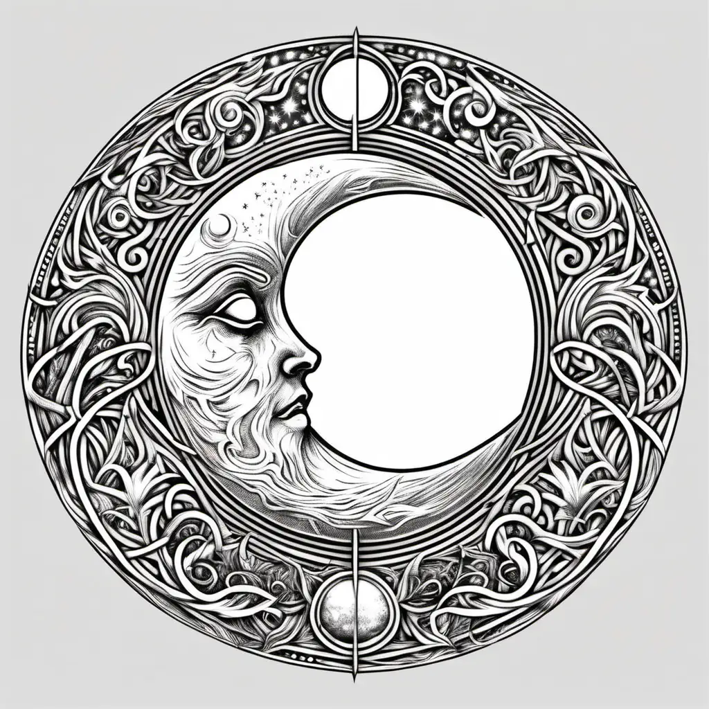 Pagan Moon Line Art Mystical Lunar Illustration in PNG