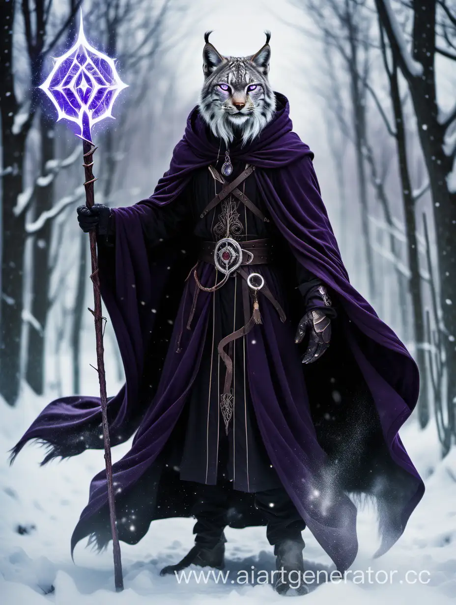 Рысь, гуманоид, снег на заднем фоне, Мужчина, пурпурные глаза, в руках Посох магический, в полный рост, чёрная мантия, капюшон на голове