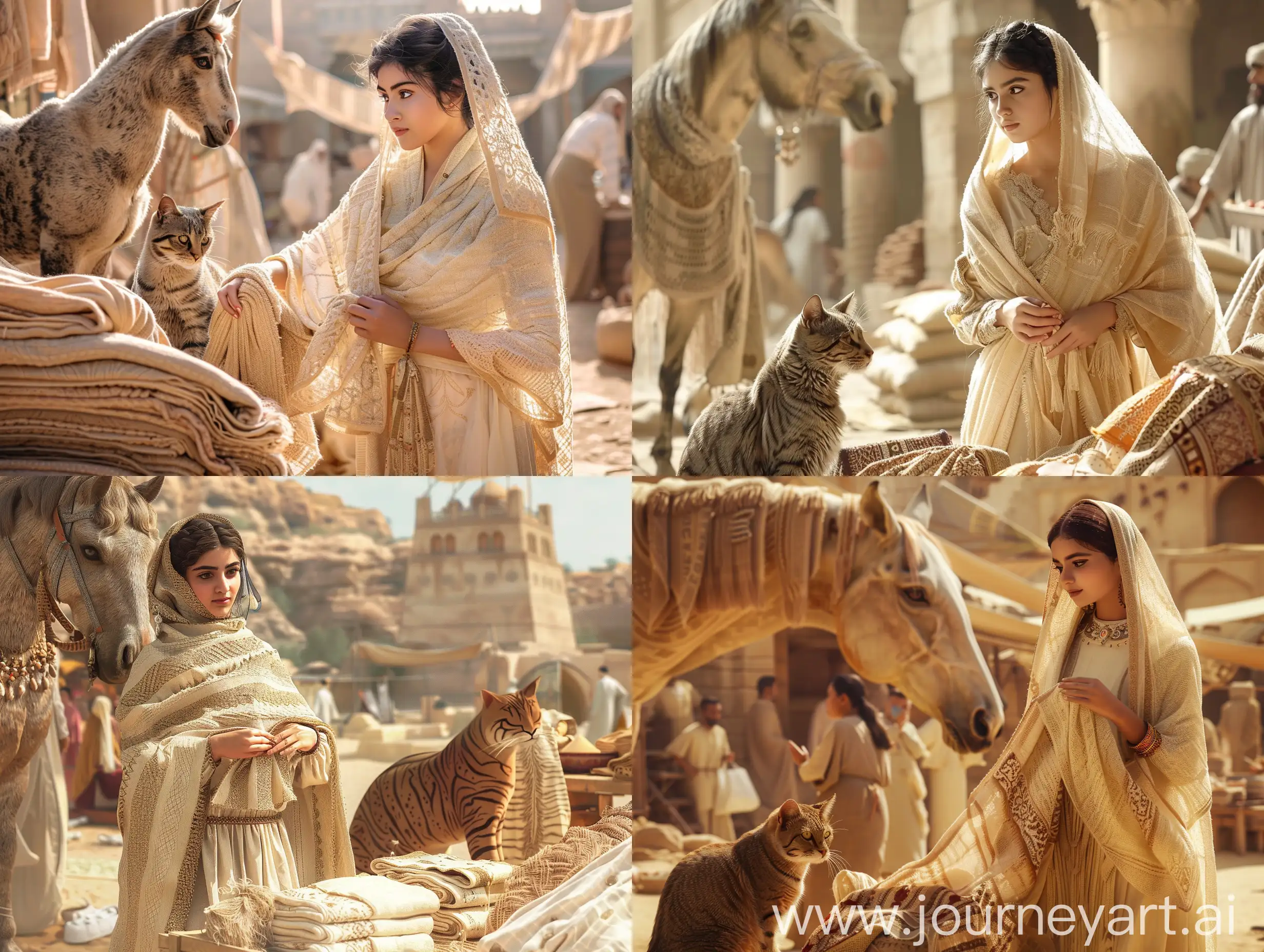 A beautiful young Persian woman in a traditional dress and a cream-colored shawl is selling shawls she has woven in the Arg Bam Bazaar in the Persian Empire, while a giant horse-sized cat sits next to her vendor.  The rest of the marketers are also like this. in a desert, in an ancient civilization, cinematic, epic realism,8K, highly detailed, medium shot, upper body, glamour lighting, natural lighting, backlit 