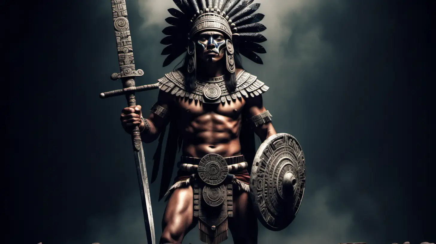Un guerrero azteca con una espada ancha de obsidiana en la mano