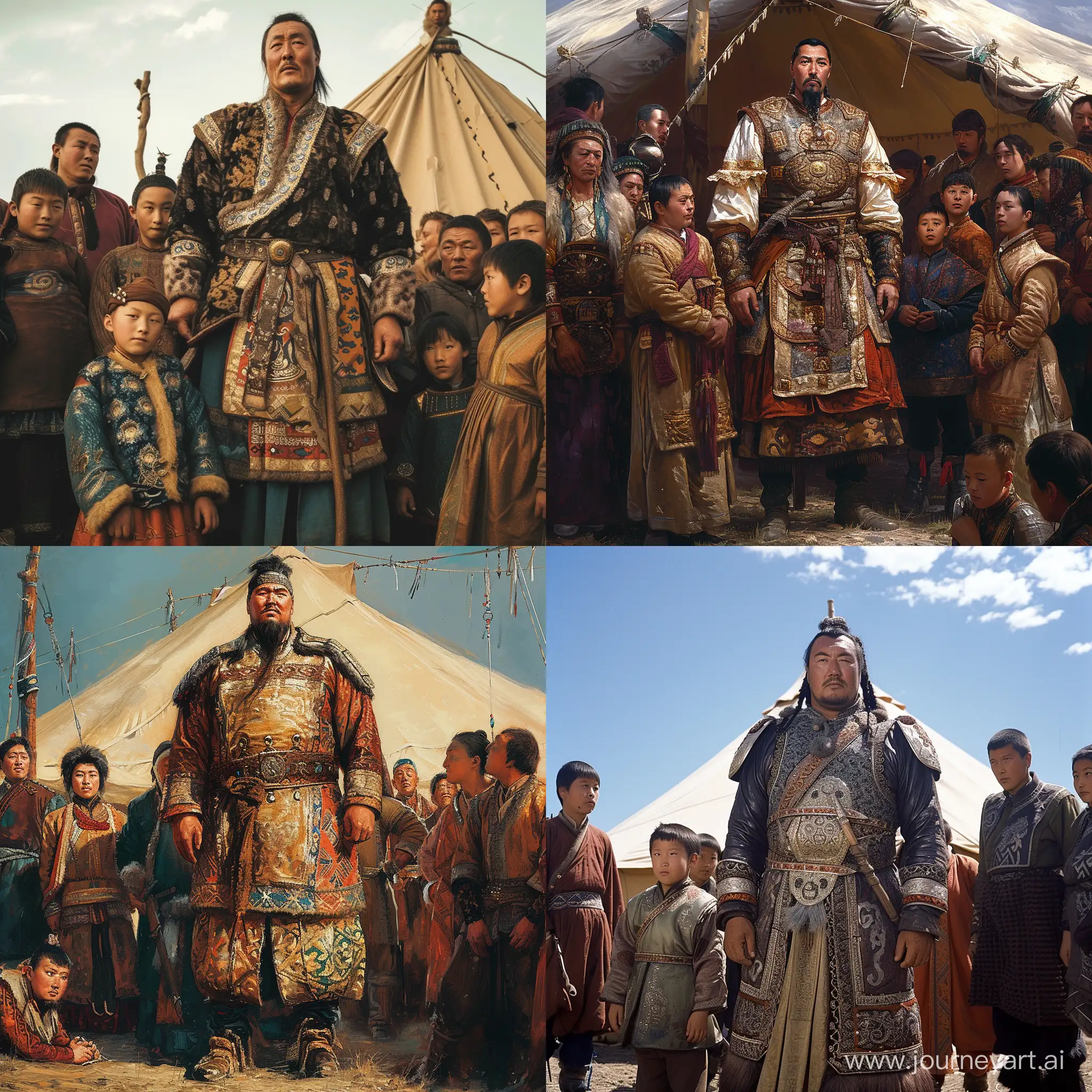 Great Mongol Khan Ögedei standing tall in front of Mongolian tent. He is wearing traditional Khan attire. His people looking at him.