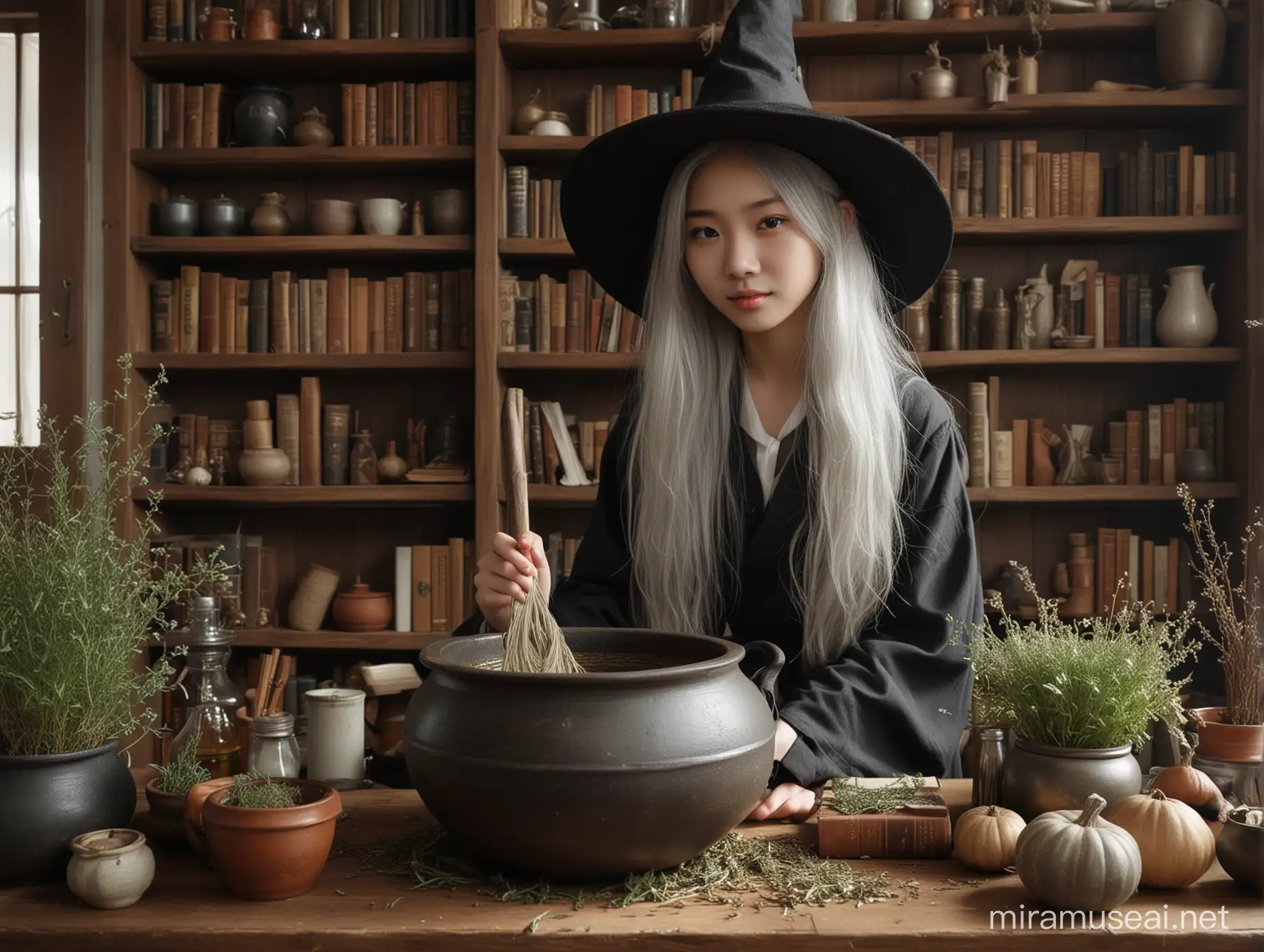 a witch hut, a cauldron, a girl, 22 years old, Korean Features, Grey-shaded white long hair, playful expression, wizard hat, stirring cauldron, room filled with dried herbs, bookshelves, intricate details, HDR, beautifully shot, hyperrealistic, sharp focus, 64 megapixels, perfect composition, high contrast, cinematic, atmospheric, moody 