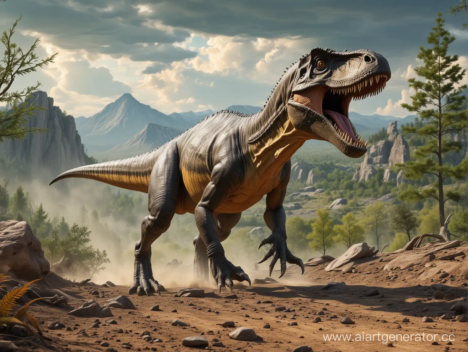 Allosaurus hunts a dinosaur against the background of nature