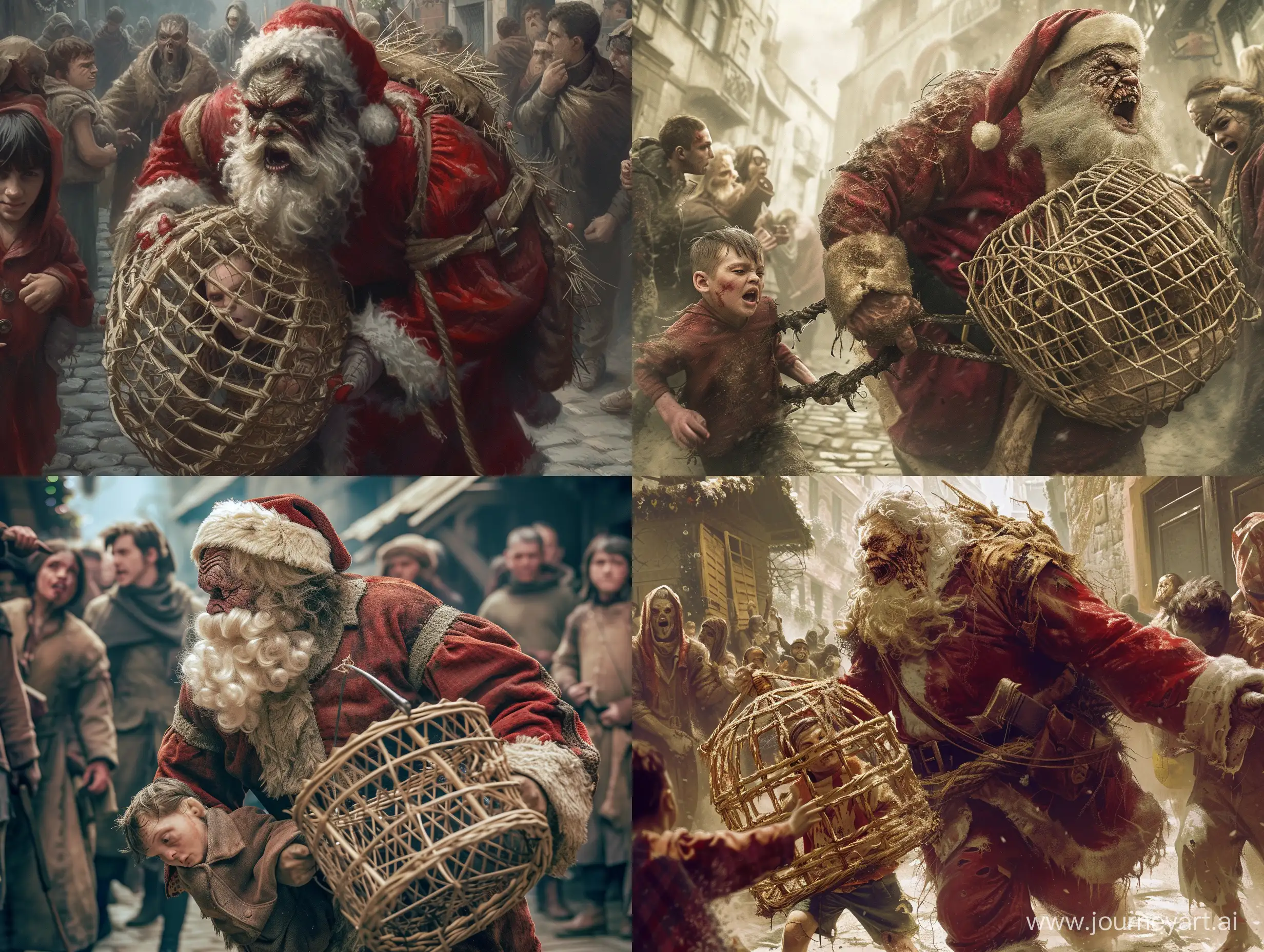 Dark-Medieval-Scene-Cruel-Santa-Claus-Drags-Frightened-Boy-in-Woven-Cage