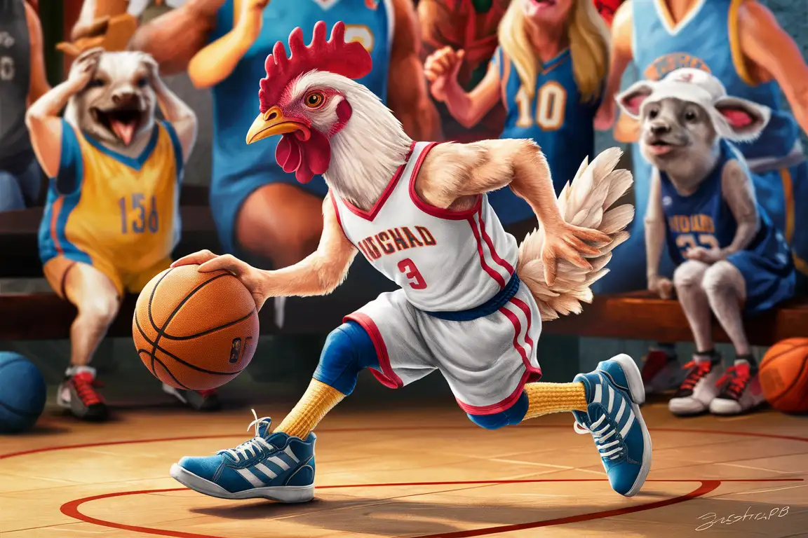 A chicken is playing basketball.