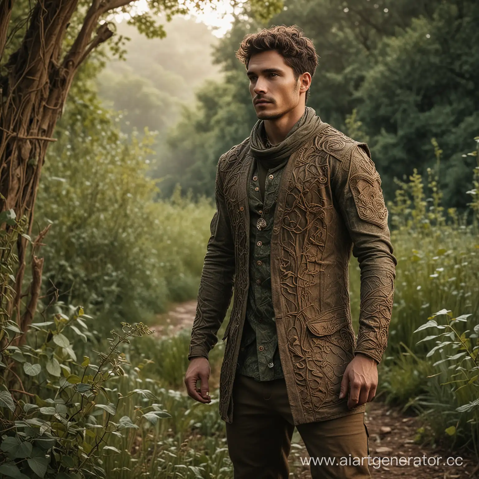 Earth Guardian: Picture nature-infused attire featuring earthy tones, organic textures, and intricate vine patterns, embodying the forces of nature. He is aesthetic.make it cinematic 