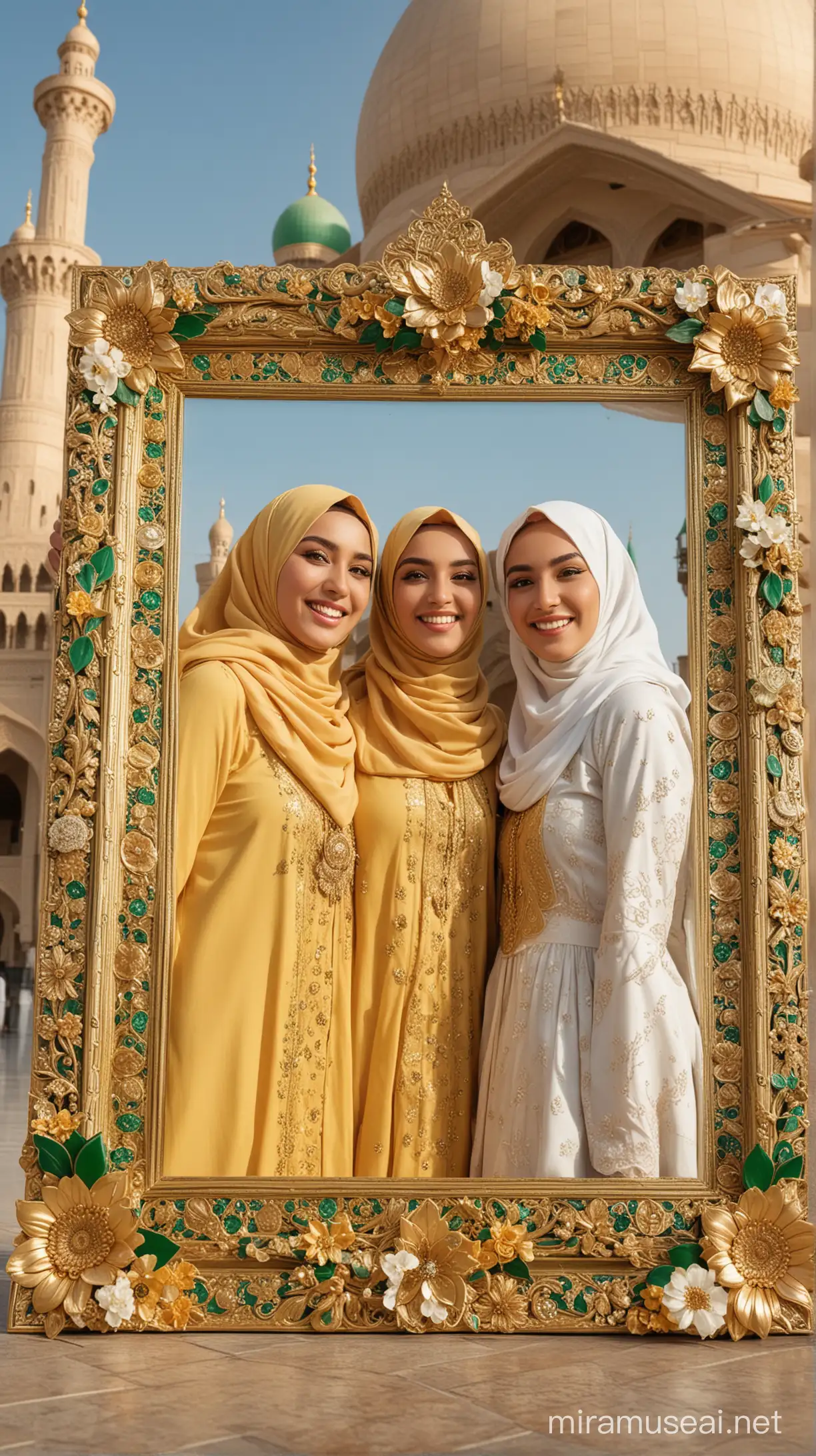 Eid alFitr Celebration Young Women in Hijabs at Magnificent Mosque