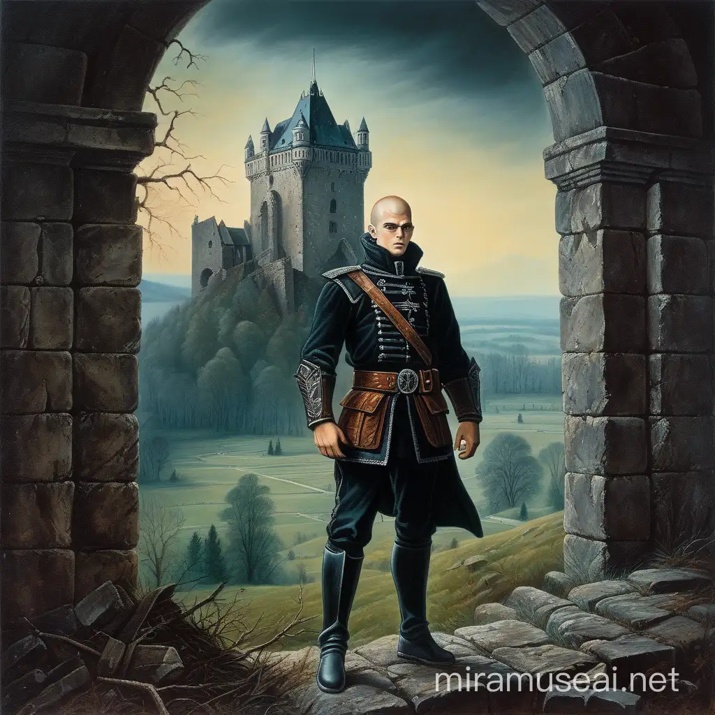 A dark fantasy painting depicting a skinhead on the ruins of a German castle, he stands, the art of dark fantasy, the cover of a book in the style of dark fantasy of the 1970s, the art of dark fantasy of the 70s