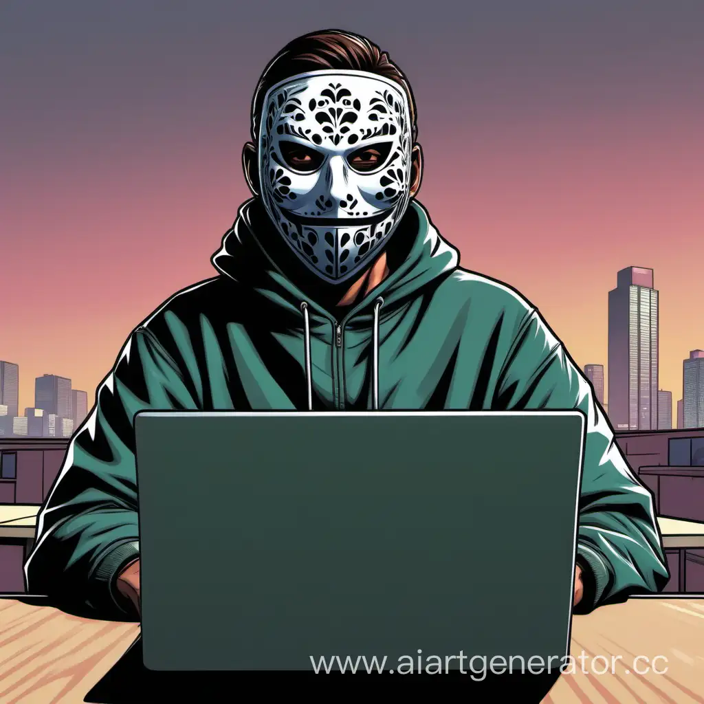 человек сидящий за ноутбуком в маске, в стиле гта
