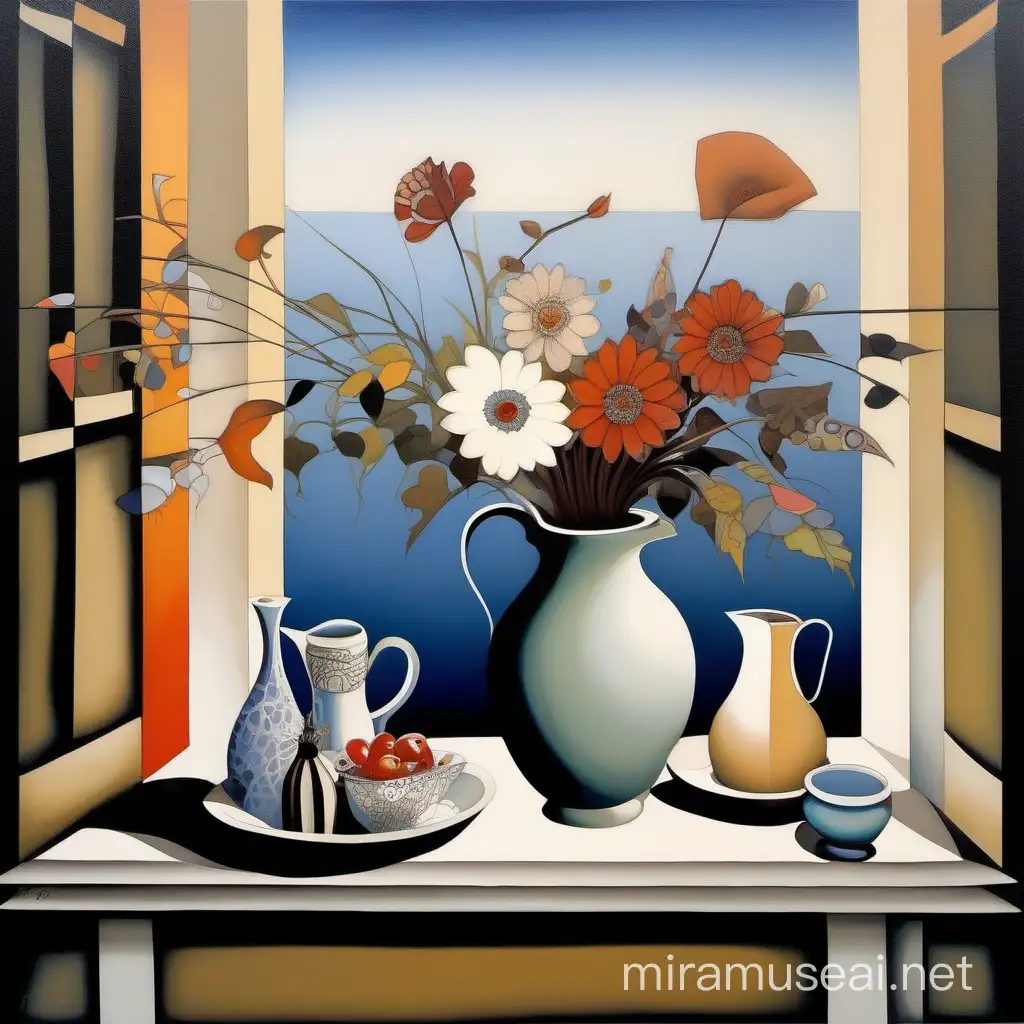 Elegant Modern Acrylic Still Life with Flowers and Window Shadows