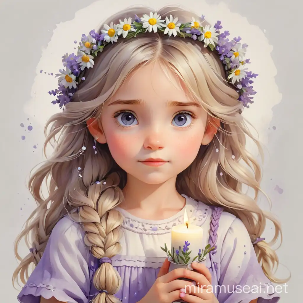 маленькая девочка, свеча лавандовая в руках, длинные светлые волосы коса, венок из цветов ромашка в волосах, белый фон, акварель