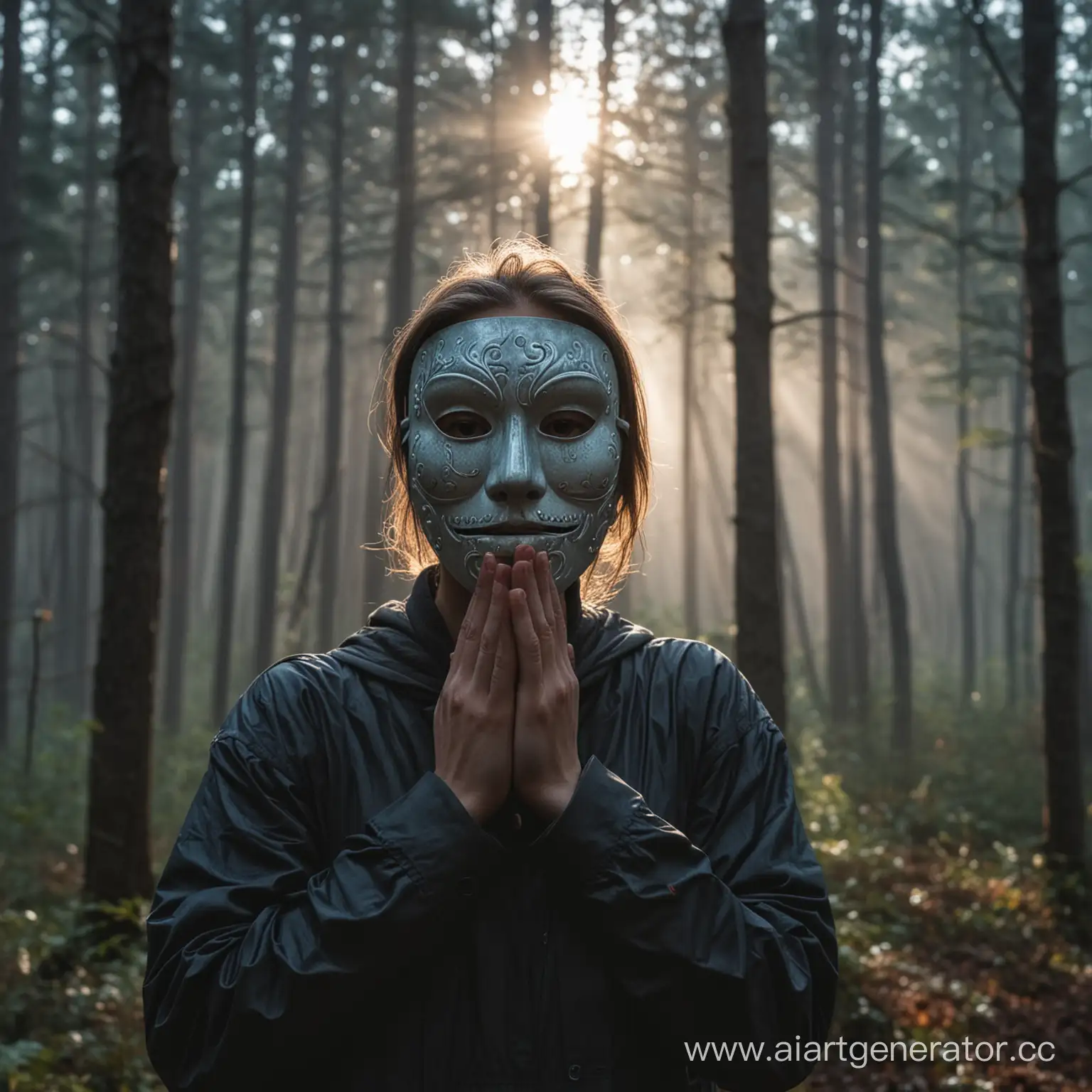 Mysterious-Figure-Wearing-FullFace-Mask-in-Enigmatic-Forest-at-Dawn