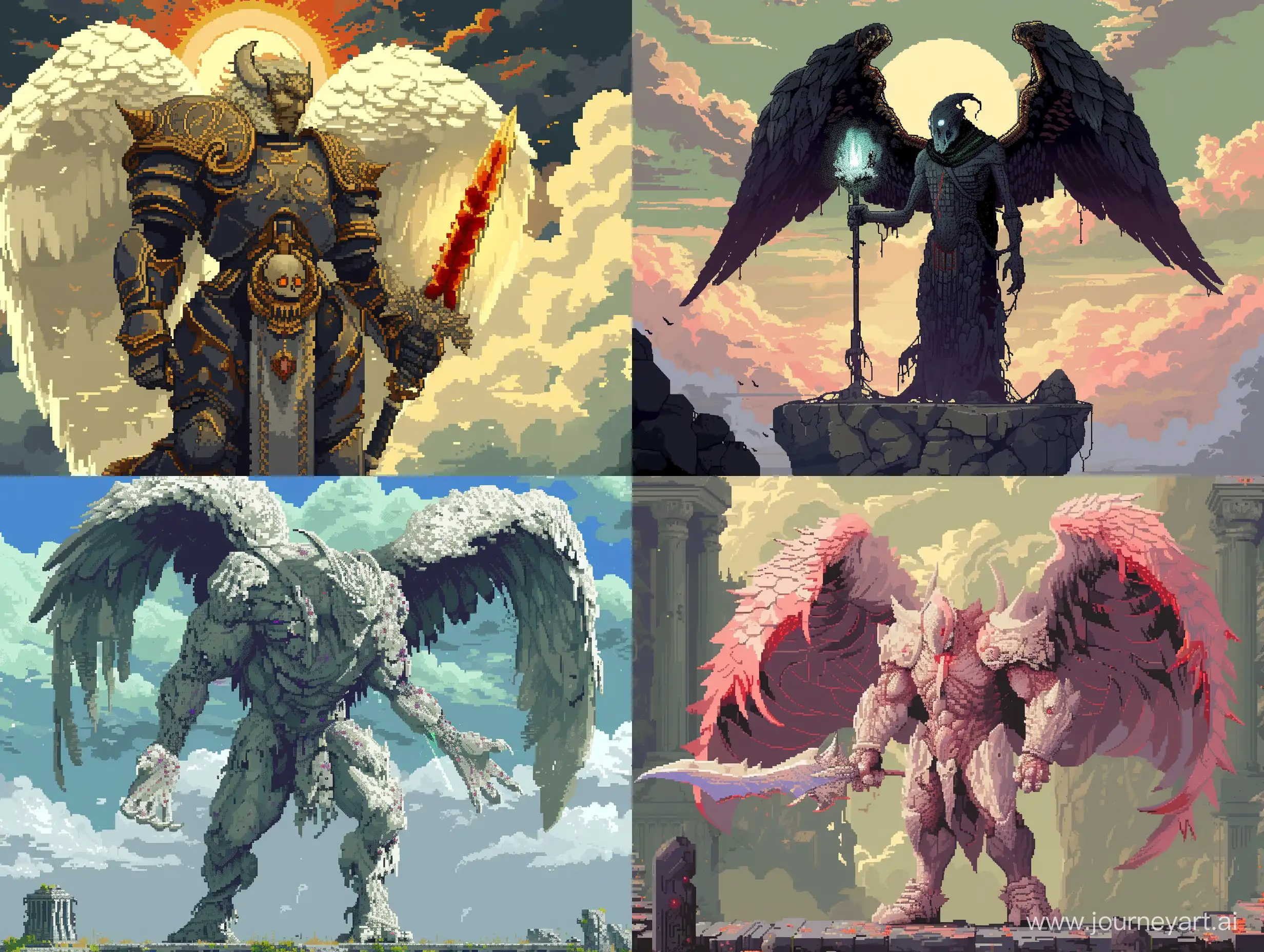 The antagonist character, an ancient titan named Seraphim. Pixel-art style.