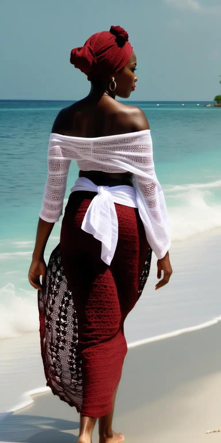 cinematic wide shot, photograph beautiful black woman, wearing head scarf, wearing white crochet blouse, wearing Crimson Sarong wrap, walking on the beach, looking out to the ocean, in Negril Jamaica, afternoon, 4k resolution, high definition, light is volumetric