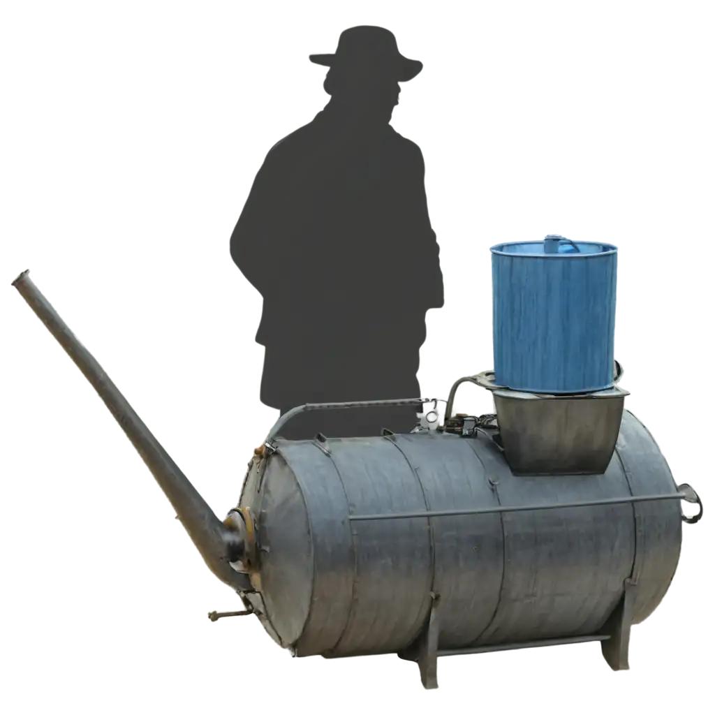one fat moonshiner without a beard, make this moonshiner without a beard, makes moonshine on a large electric moonshine still, there are large blue barrels nearby