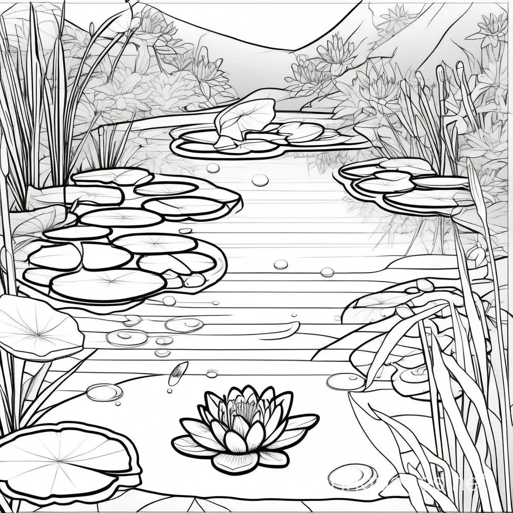 crystal clear water pond with hint of glowing waterlily's with a simple waterfall in the background with lots of light flowers hanging down and greenery all around, Coloring Page, black and white, line art, white background, Simplicity, Ample White Space. The background of the coloring page is plain white to make it easy for young children to color within the lines. The outlines of all the subjects are easy to distinguish, making it simple for kids to color without too much difficulty
