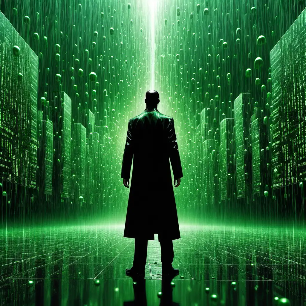 Create a highly detailed and realistic image that captures the essence of the Matrix universe. The focal point should be a figure similar to Neo, standing confidently in the center with an intense gaze, his silhouette sharply defined against the backdrop. The entire scene is enveloped in the signature luminous green and black hues associated with the Matrix's digital rain. Around the central figure, the environment should burst into a kaleidoscopic pattern of green code cascading down in streams, with the patterns radiating outward from Neo as if emanating from him. The composition should convey a powerful sense of depth, with the code appearing to move and flow around the figure, creating a dynamic and immersive atmosphere reminiscent of a pivotal moment in the Matrix films in style raw --ar 1:1 --v 6.0