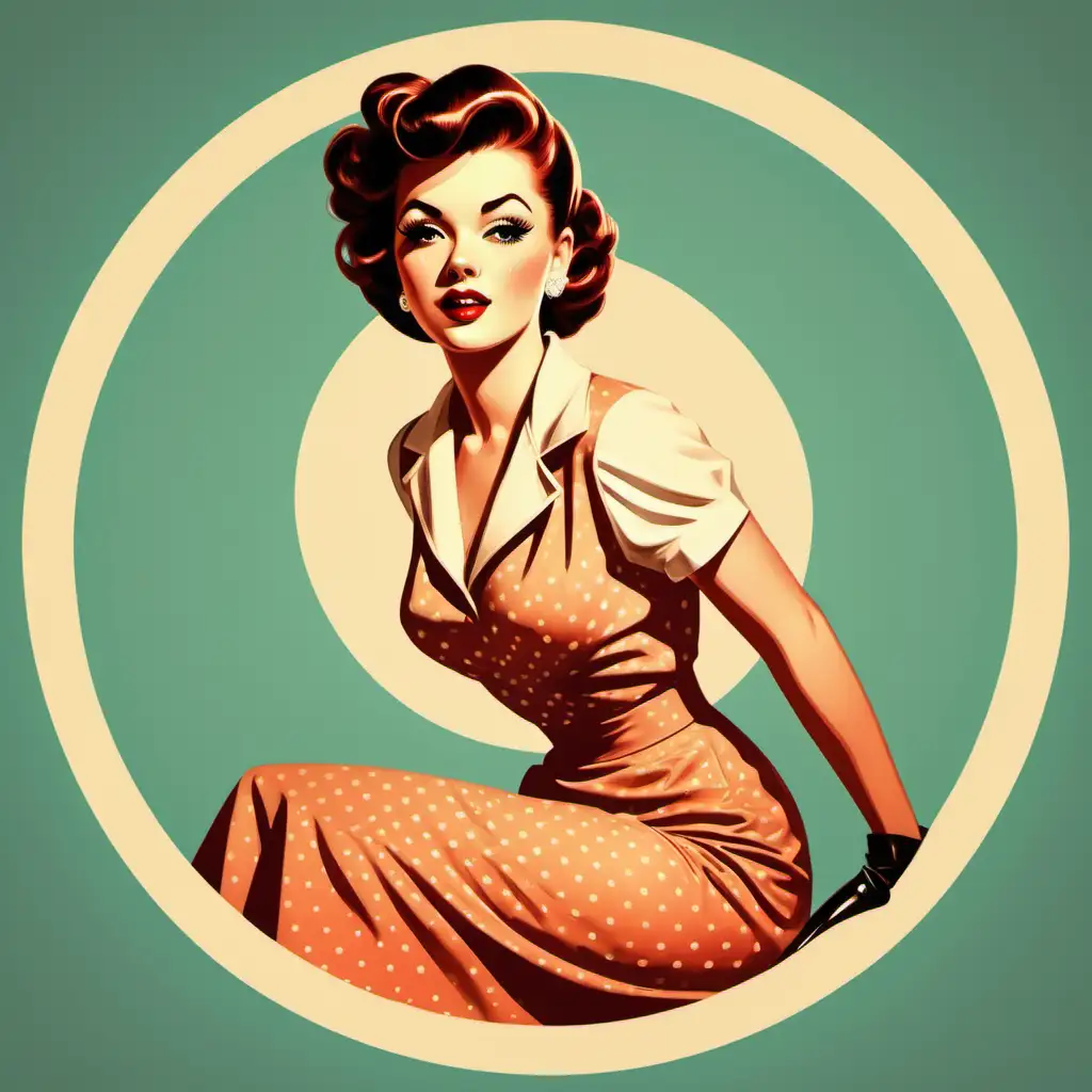 Retro poster design, retro colors. Pinup style. Very nice drawing, flat, 2d, vintage style. Vintage lady, Circle composition. Very elegant and fashion dressed