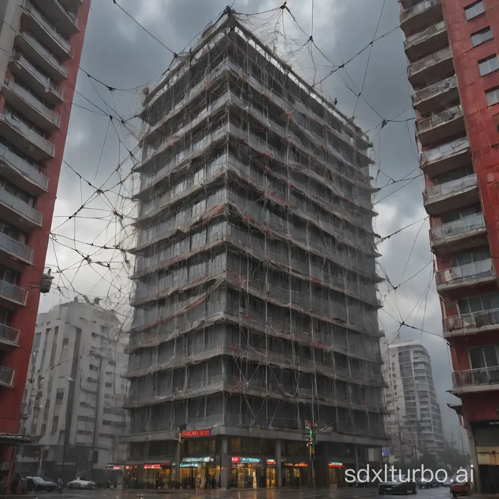 Izmir Hilton Hotel skyscraper was invaded by city guerrillas. The building is wrapped with steel webs. Dystopian image.  Red-grey rainy sky. Hyper-realistic image