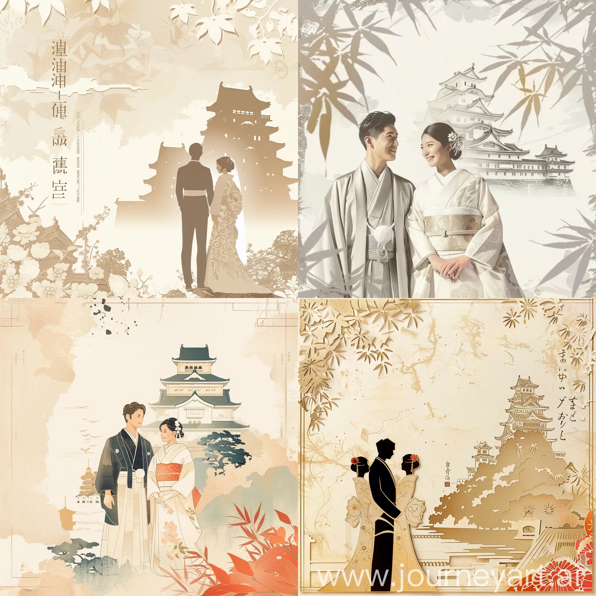 japanese a wedding invitation of the bride and groom, ((traditional wedding style)) affectionately standing front, white japan style, charming, design, delicate shadows, backround castle
