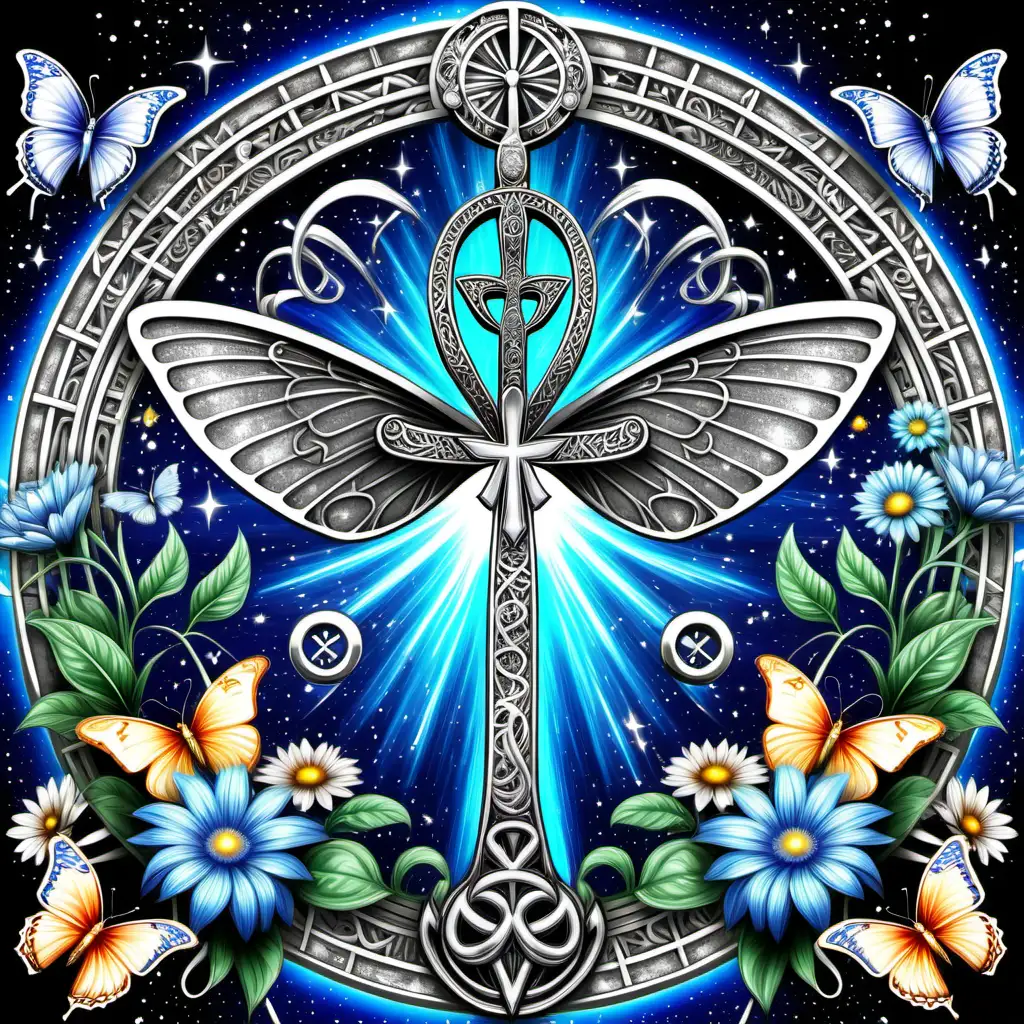 Create an image of a magical celestial world it has butterflies and flowers and silver line art with the Ankh symbol in the middle and colors should be blue, green, and silver 