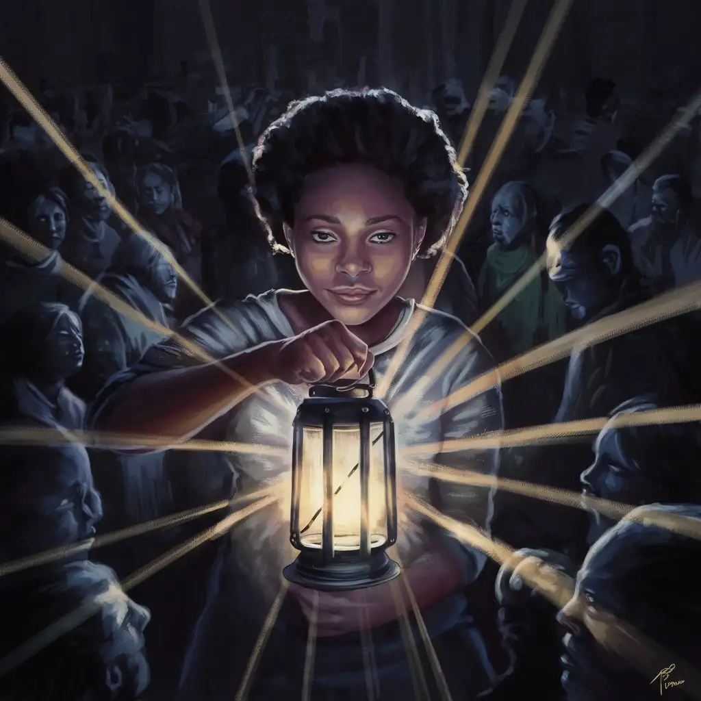 A digital painting a young woman holding a lantern amidst a crowd of people in darkness, with the light illuminating the path forward and guiding others towards hope, inspiration, and positivity.