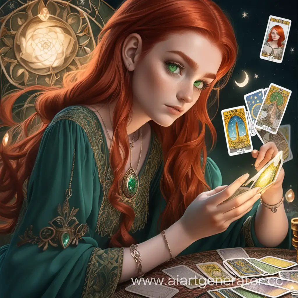 Mystical-RedHaired-Girl-Reading-Tarot-Cards-with-Green-Eyes