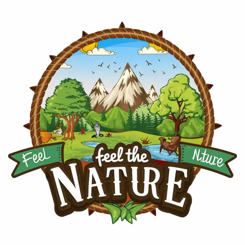 logo, EARTH FOREST RIVER ANIMALS PLANTS, with the text "FEEL THE NATURE", typography, be used in Education industry